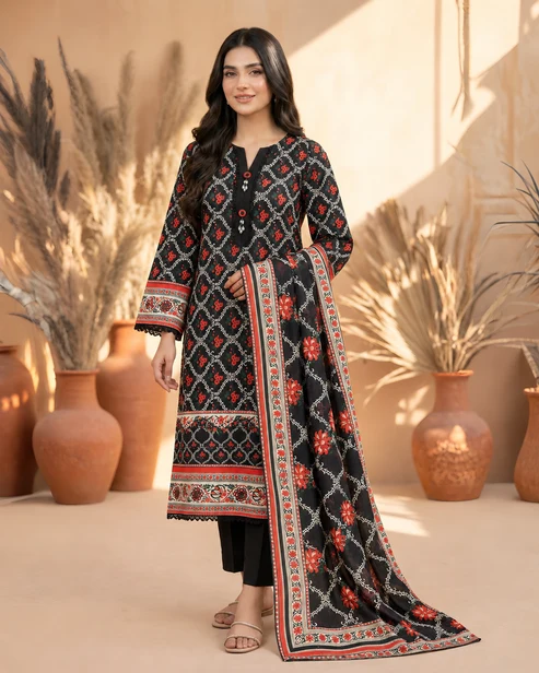 Sabeeka 3-Piece Size ( S ,M ,L) Discover the elegance of Sabeeka by Tabinda Officials. Crafted from Bana Dora cambric cotton with beautiful prints and premium stitching, this 3-piece stitched suit offers a stylish and comfortable look for everyday we